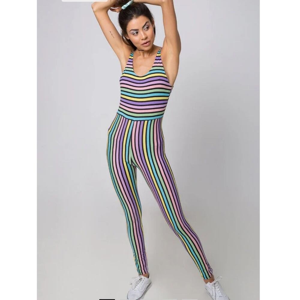 Motel Rocks Striped Unitard Size Small Pink Black Blue New